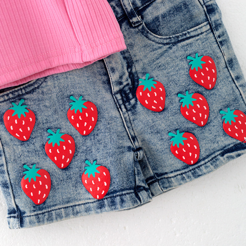 （In Stock）Girls Spring and Summer Berry Sassy Print Denim Set