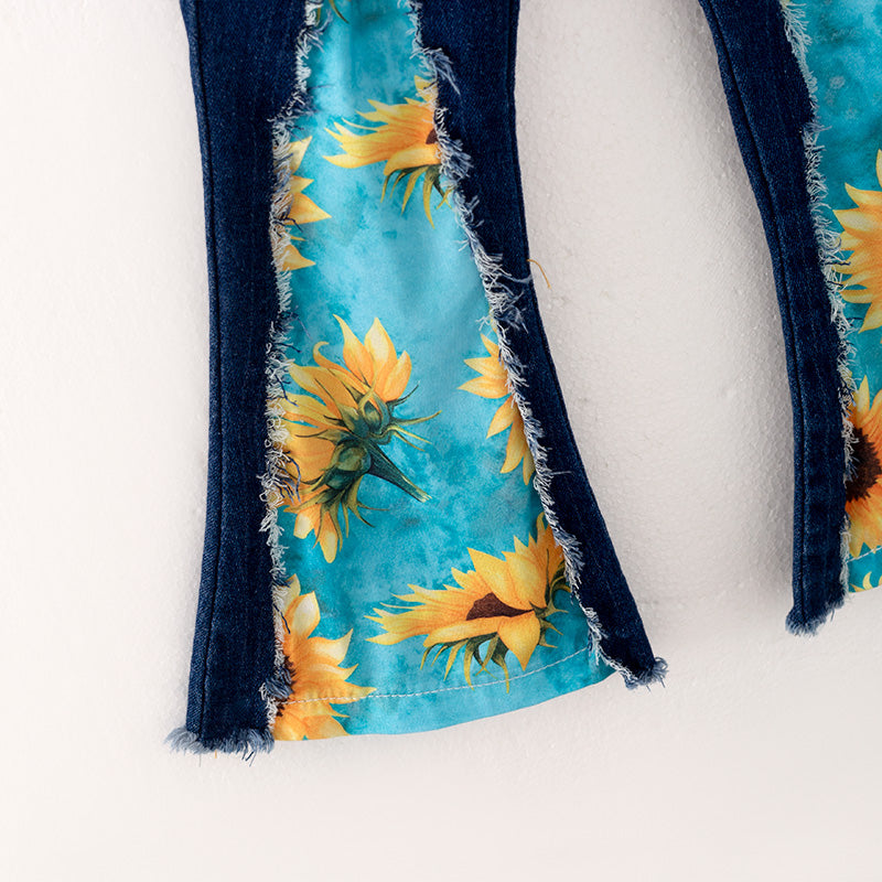 （In Stock L32-4-3）Girls Sunflower Print Denim Set