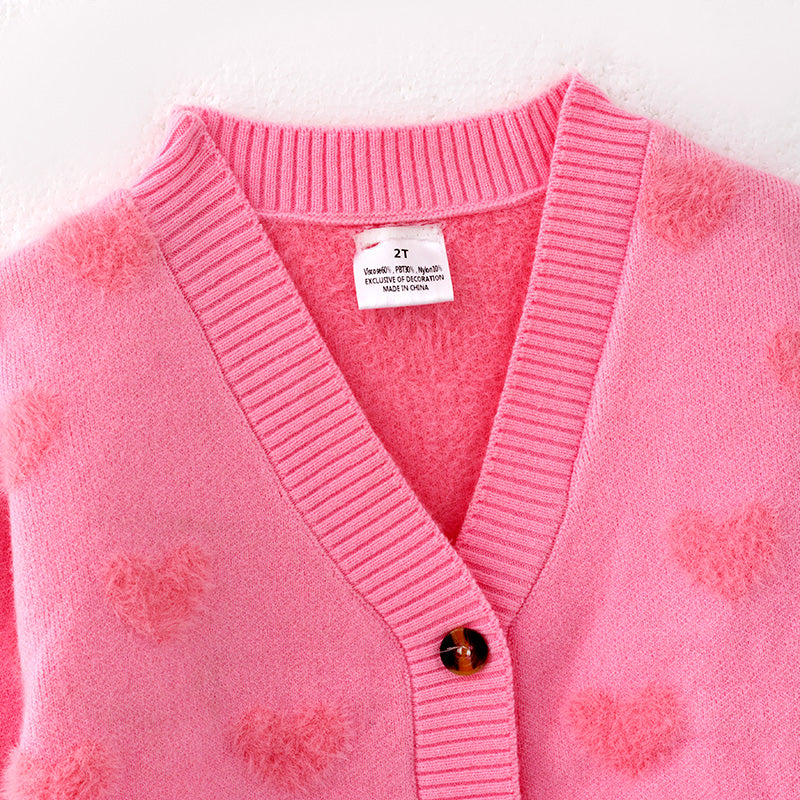 （In Stock）Girls Valentine's Day Love Plush Jacquard Sweater Cardigan