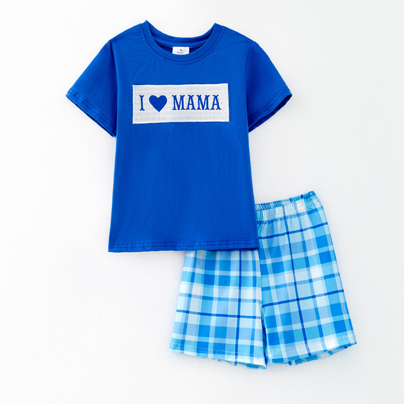 （In Stock）Boys Spring and Summer I ♥ MAMA Embroidery Smocked Shorts Set