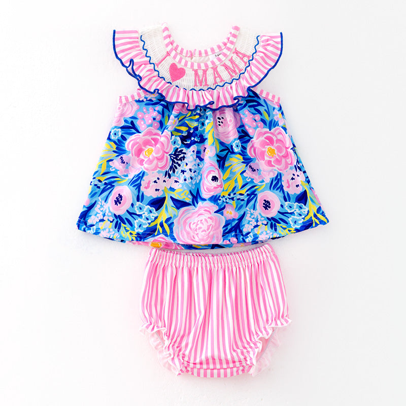 （In Stock）Toddler Girls Spring and Summer I ♥ MAMA Embroidery Smocked Bloomer Set