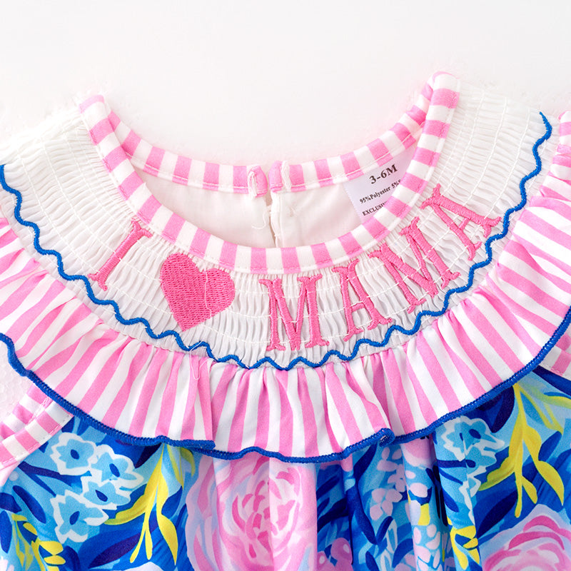 （In Stock）Toddler Girls Spring and Summer I ♥ MAMA Embroidery Smocked Romper