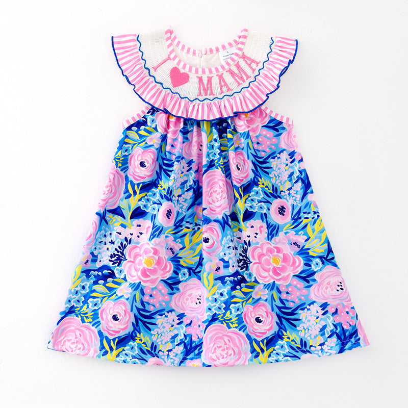 （In Stock）Girls Spring and Summer I ♥ MAMA Embroidery Smocked Dress