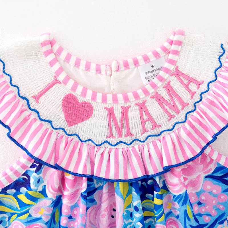 （In Stock）Girls Spring and Summer I ♥ MAMA Embroidery Smocked Dress