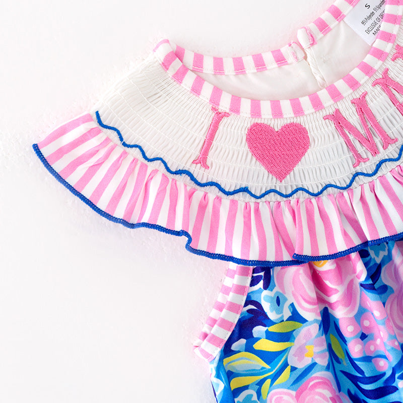 （In Stock）Girls Spring and Summer I ♥ MAMA Embroidery Smocked Dress