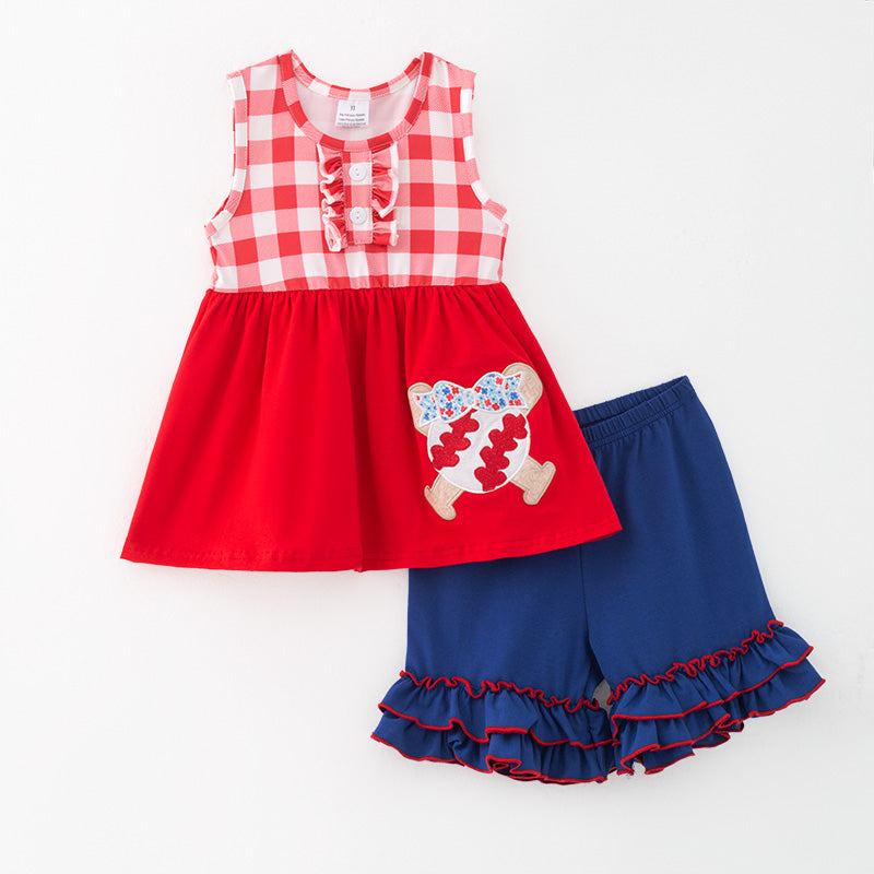 （In Stock）Girls Spring and Summer Baseball Applique Shorts Set