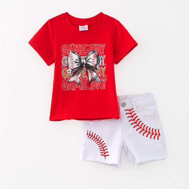 （In Stock）Girls Spring and Summer Baseball Print Denim Set