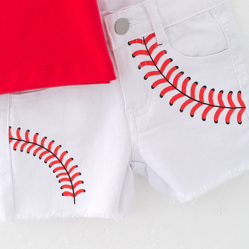 （In Stock）Girls Spring and Summer Baseball Print Denim Set