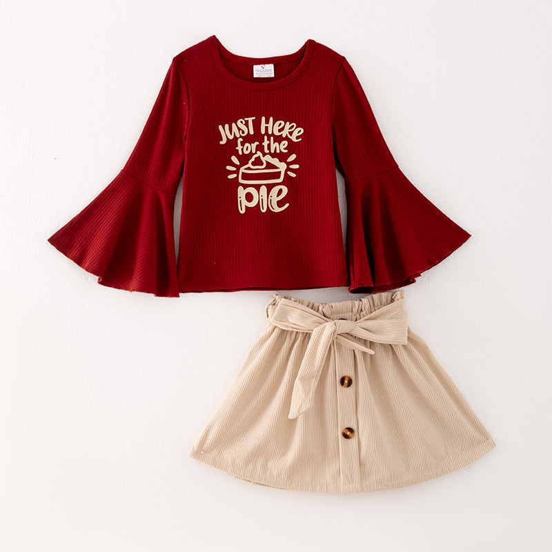 （In Stock L27-1-3  Q05-02-02）Girls Dark Red Thanksgiving Outfit Set