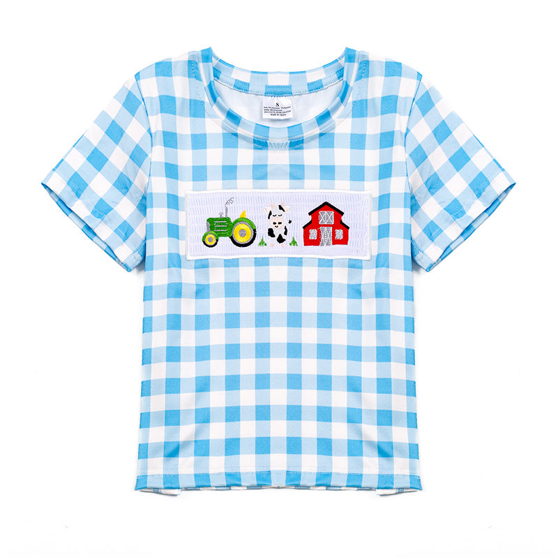 Boy's Farm Embroidered Smocked Plaid Top