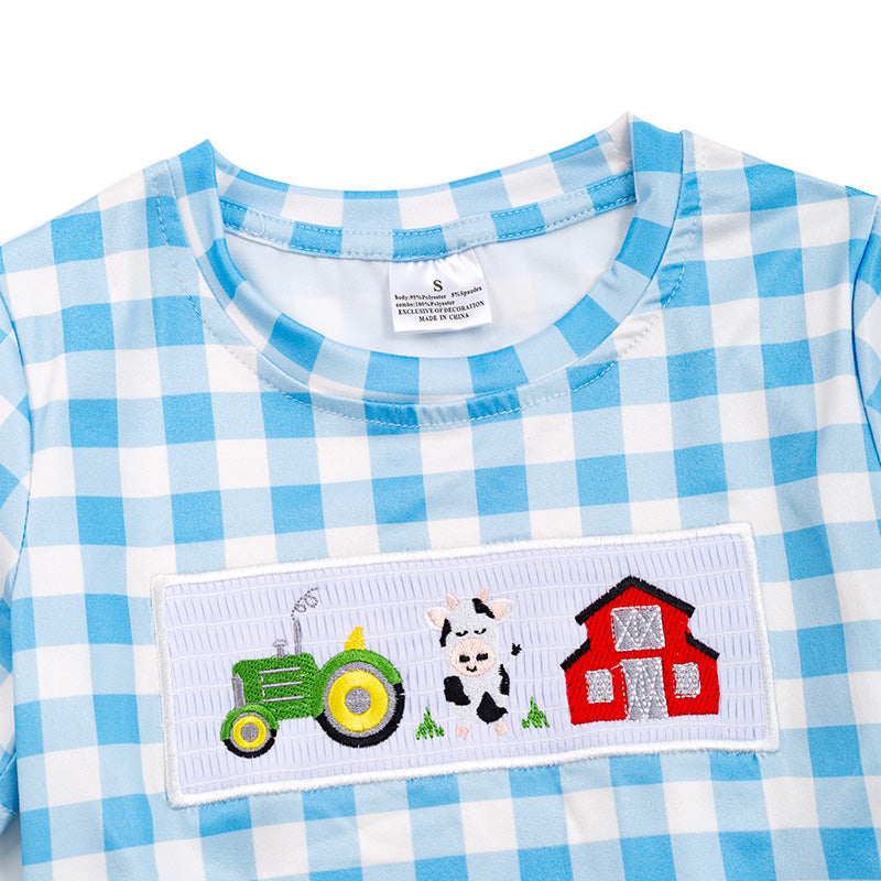 Boy's Farm Embroidered Smocked Plaid Top