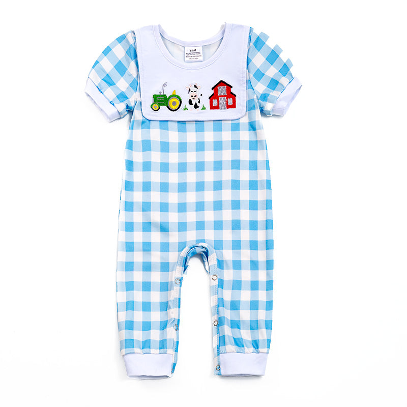 Boy's Farm Embroidered Smocked Plaid Romper