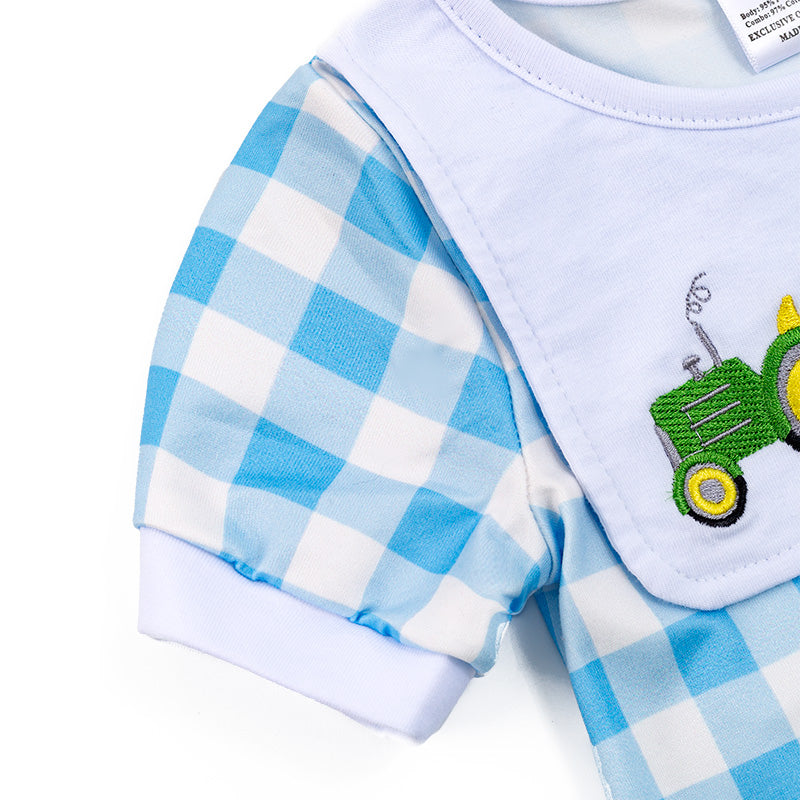 Boy's Farm Embroidered Smocked Plaid Romper