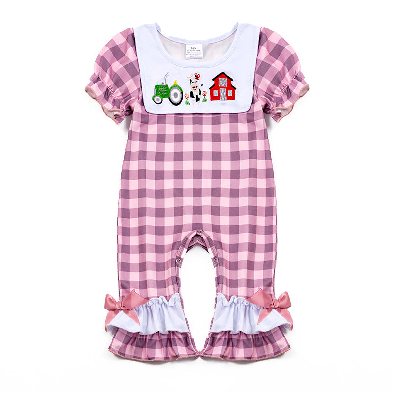 Girls' Farm Embroidered Checkered Romper