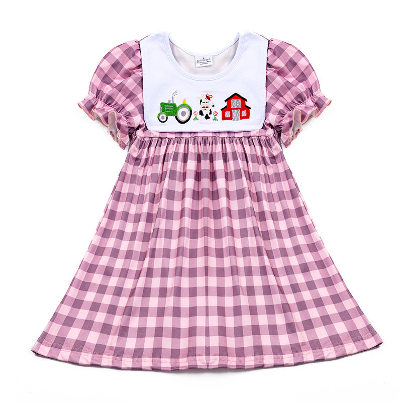 Girls' Farm Embroidered Checkered Dress