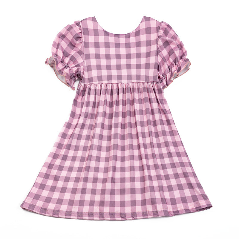 Girls' Farm Embroidered Checkered Dress