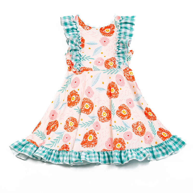 （In Stock E23-5-2）Girls Green Plaid Floral Sleeveless Dress