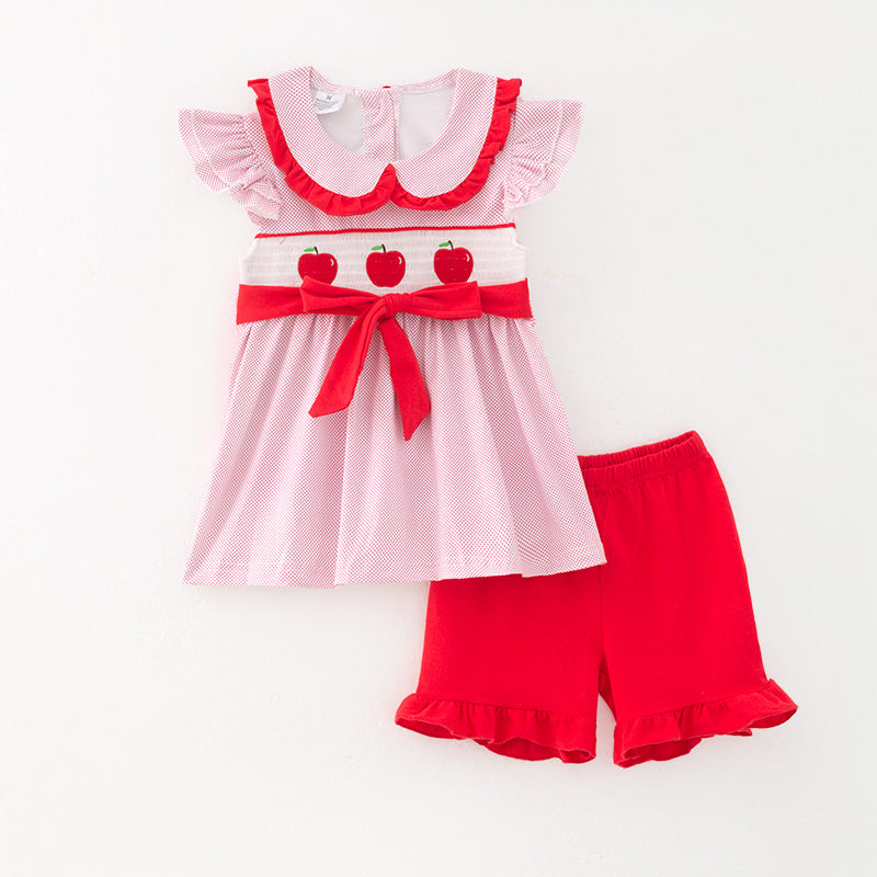 （In Stock）Girls Spring and Summer Apple Embroidery Smocked Shorts Set