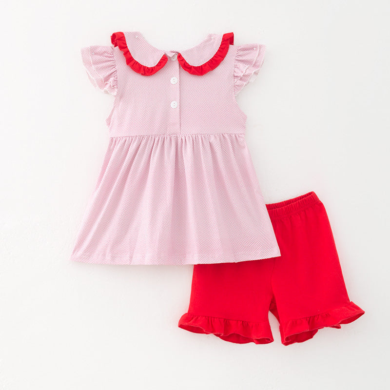 （In Stock）Girls Spring and Summer Apple Embroidery Smocked Shorts Set