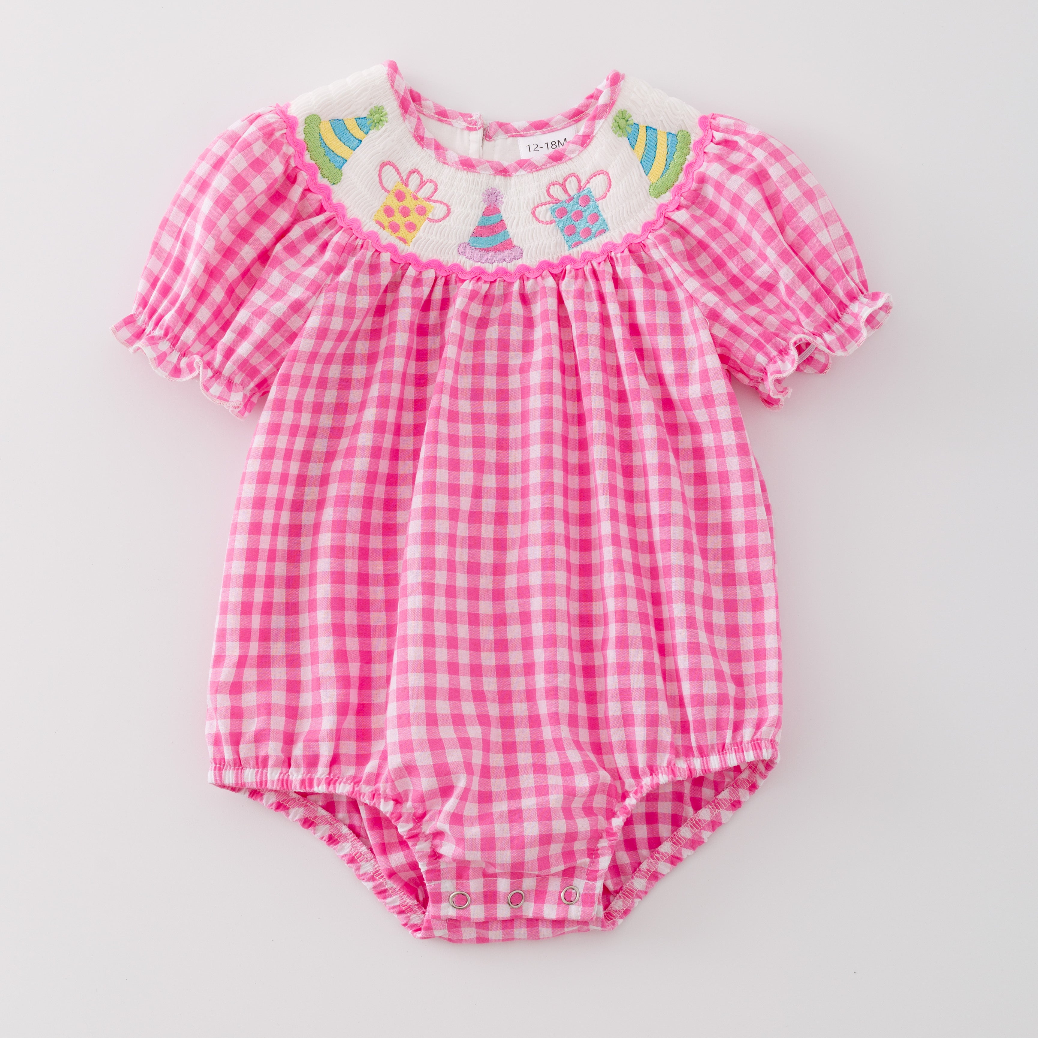 （Pre Order）Baby Girls Pink Plaid Embroidery Bubbles Smocked Romper