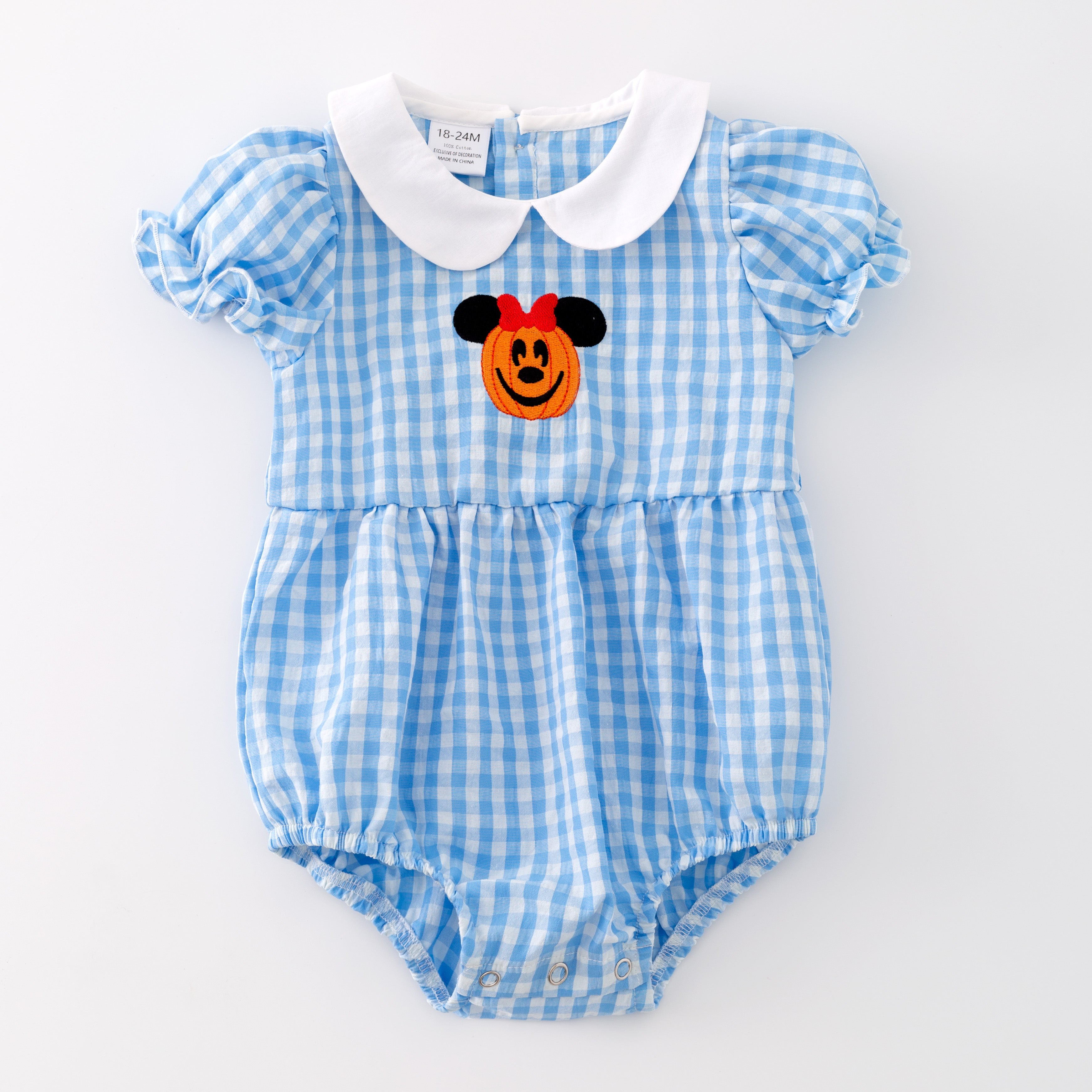 (Pre Order) Baby Girls Halloween Pumpkin Embroidery Blue Plaid Romper