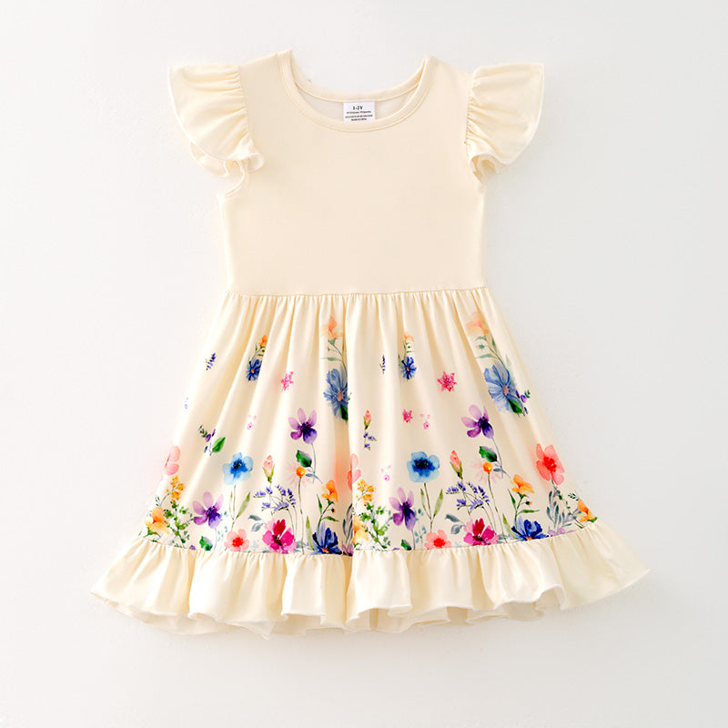 （In Stock）Girls Spring and Summer Floral ＆ Butterfly Print Dress 2PCS