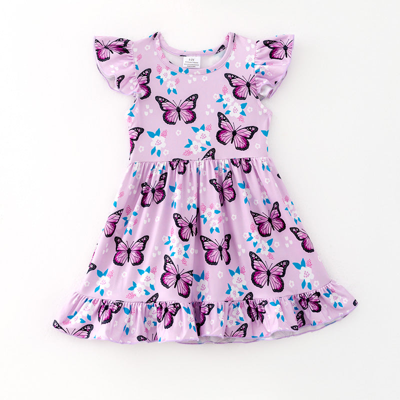 （In Stock）Girls Spring and Summer Floral ＆ Butterfly Print Dress 2PCS