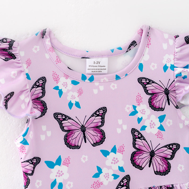 （In Stock）Girls Spring and Summer Floral ＆ Butterfly Print Dress 2PCS