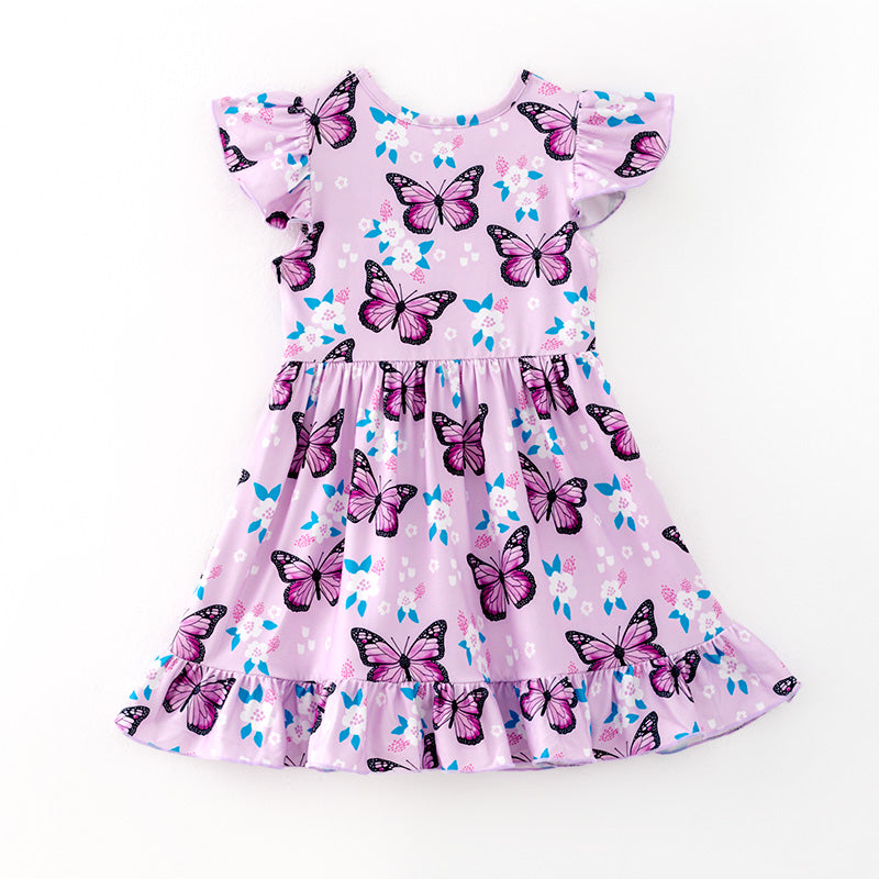 （In Stock）Girls Spring and Summer Floral ＆ Butterfly Print Dress 2PCS