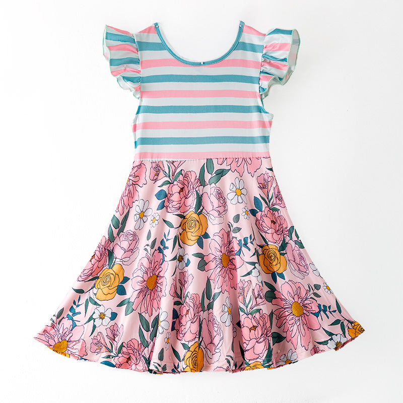 Girls Green Coral Stripe Floral Dress