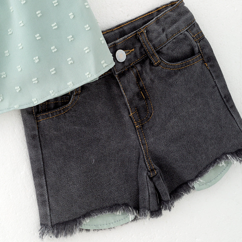 （In Stock）Girls Spring and Summer One-shoulder Swiss Dot Top Denim Shorts Set