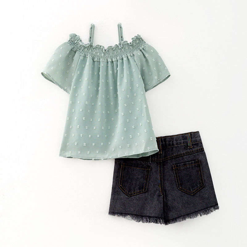 （In Stock）Girls Spring and Summer One-shoulder Swiss Dot Top Denim Shorts Set