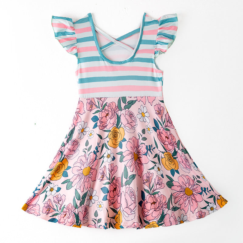 Girls Green Coral Stripe Floral Dress