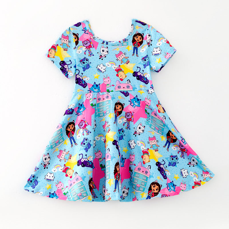 （In Stock）Girls Spring and Summer Cartoon Character Print Dress