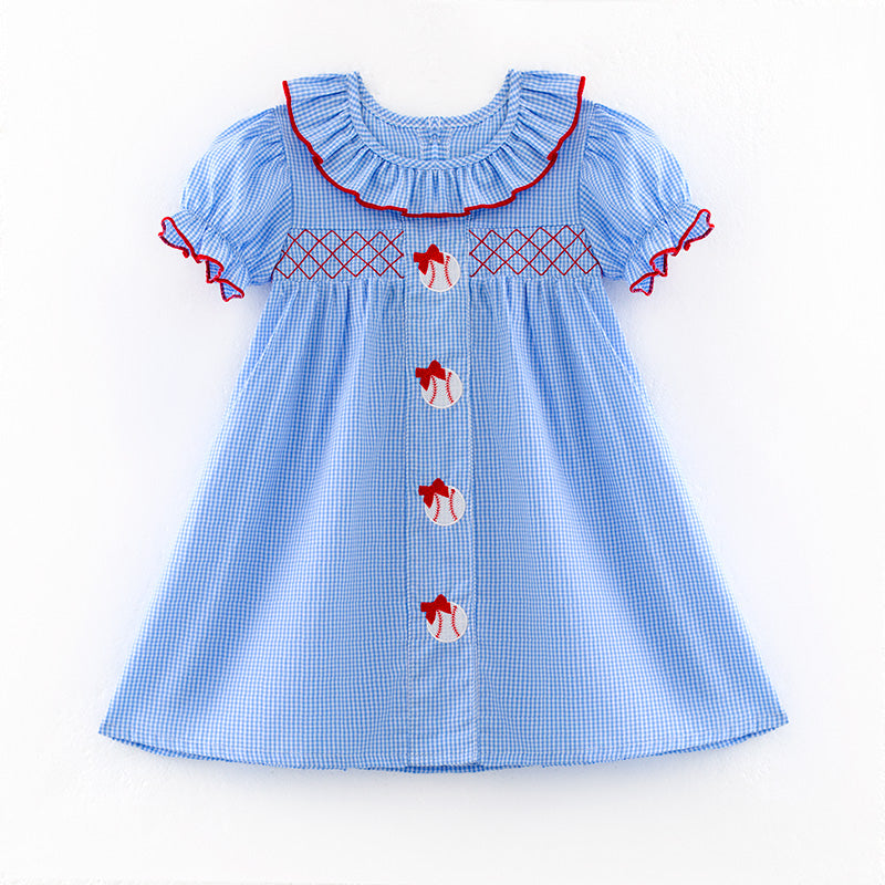 （In Stock）Girls Spring and Summer Baseball Embroidery Blue Plaid Dress