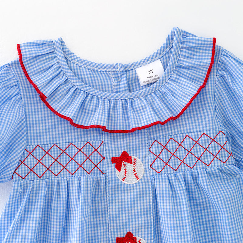 （In Stock）Girls Spring and Summer Baseball Embroidery Blue Plaid Dress