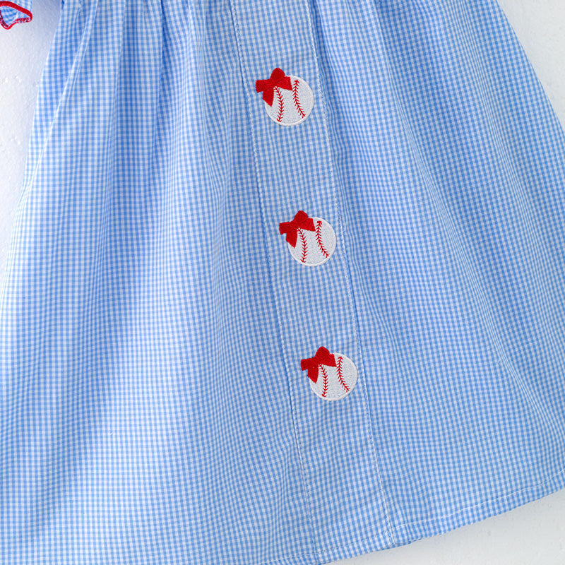 （In Stock）Girls Spring and Summer Baseball Embroidery Blue Plaid Dress