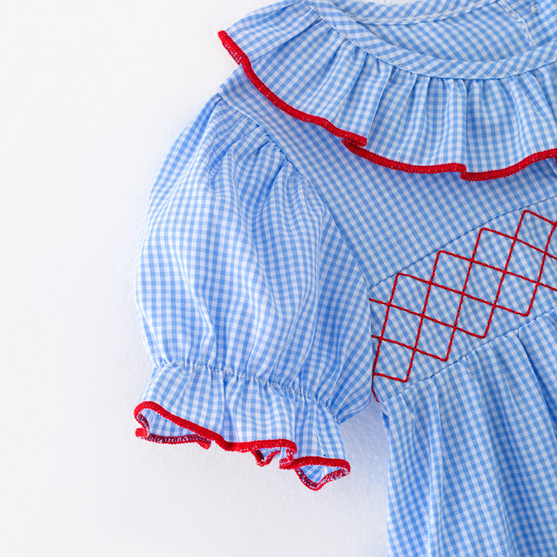 （In Stock）Girls Spring and Summer Baseball Embroidery Blue Plaid Dress