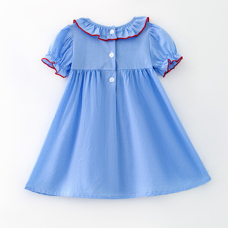 （In Stock）Girls Spring and Summer Baseball Embroidery Blue Plaid Dress