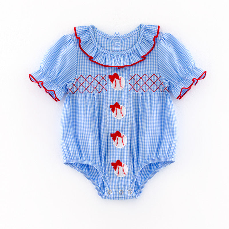 （In Stock）Toddler Girls Spring and Summer Baseball Embroidery Blue Plaid Romper