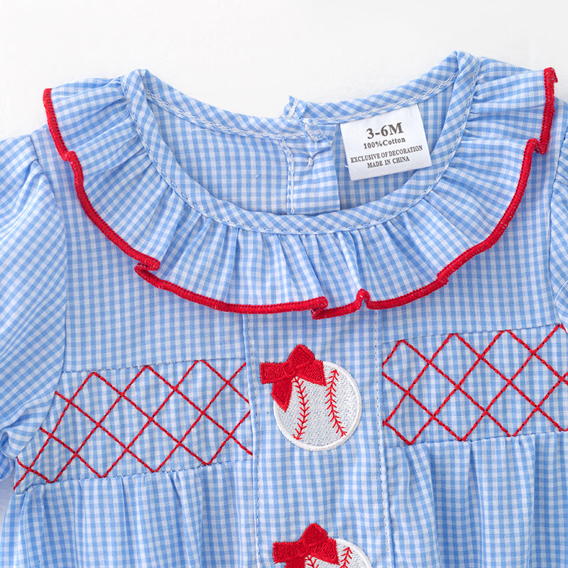 （In Stock）Toddler Girls Spring and Summer Baseball Embroidery Blue Plaid Romper