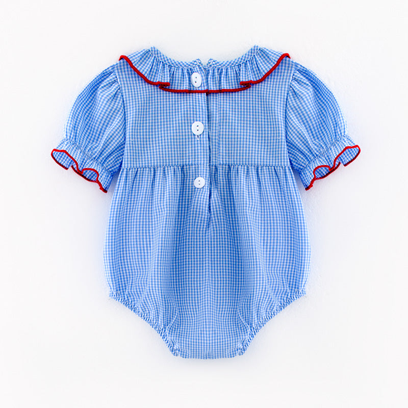 （In Stock）Toddler Girls Spring and Summer Baseball Embroidery Blue Plaid Romper