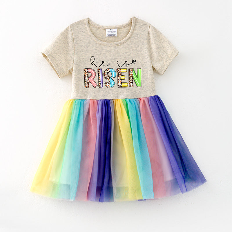 （In Stock）Girls Easter He is RISEN Print Tulle Dress