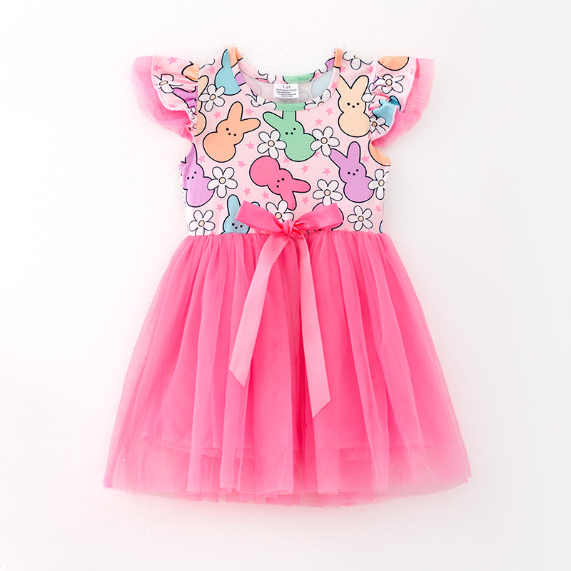 （In Stock）One Pack(1 Pieces total) Sale Girls Easter Bunny Print Tulle Dress