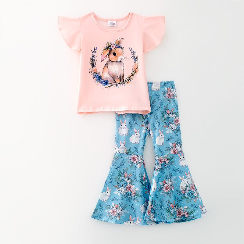 （In Stock）Girls Easter Bunny Print Bell Pants Set