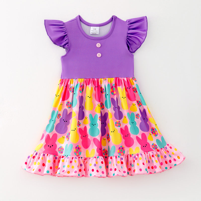 （In Stock）Girls Easter Bunny Print Flying Sleeves Dress