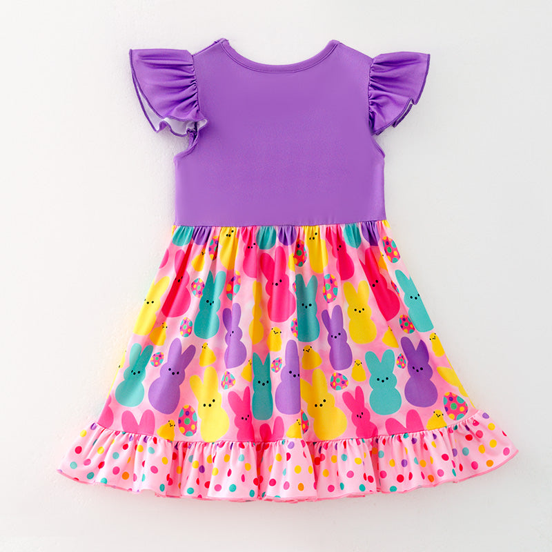 （In Stock）Girls Easter Bunny Print Flying Sleeves Dress