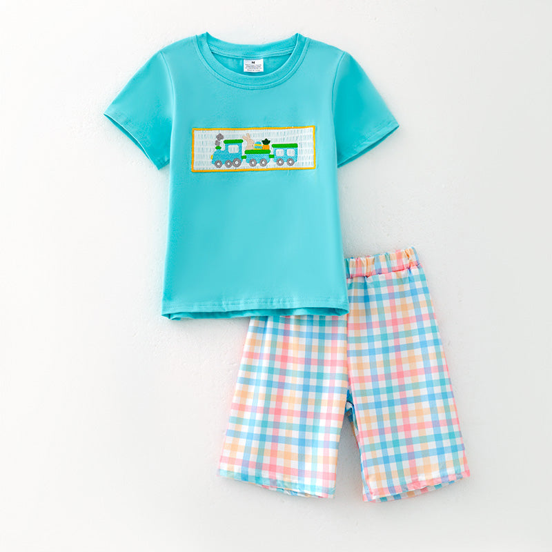 （In Stock）One Pack(7 Pieces total) Sale Boys Easter Bunny Embroidery Smocked Shorts Set