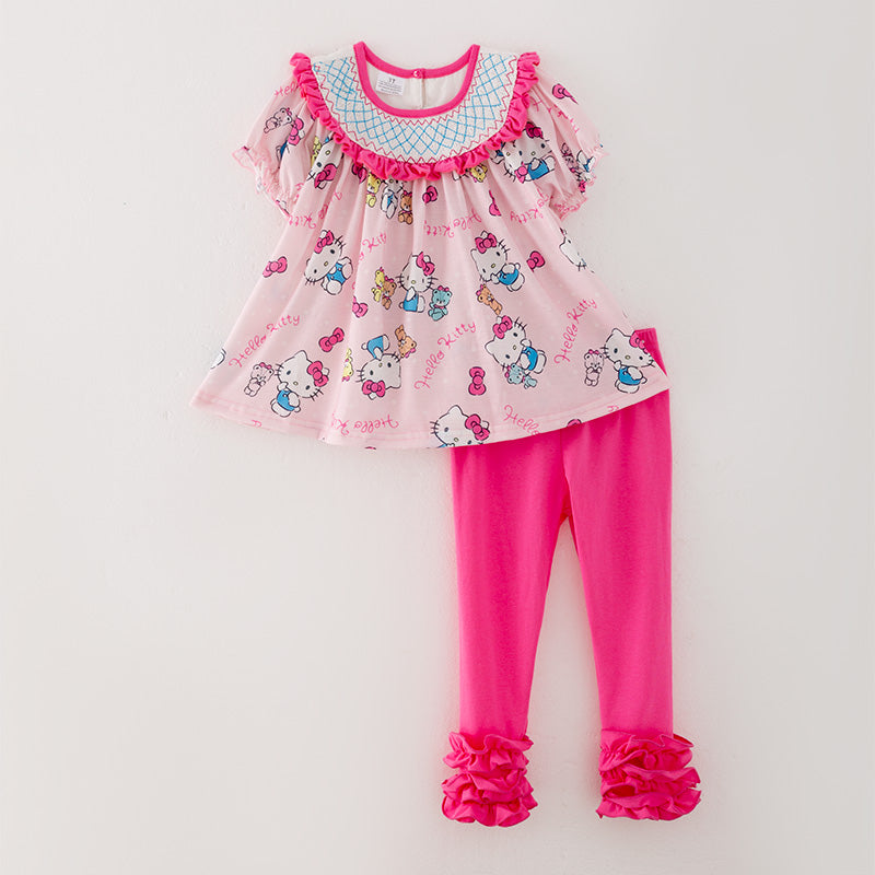 （In Stock A5-6-1）Girls Cartoon Print Puff Sleeve Smocked Outfit Set