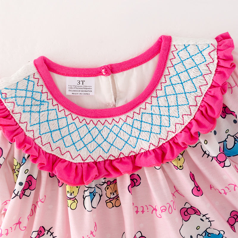 （In Stock A5-6-1）Girls Cartoon Print Puff Sleeve Smocked Outfit Set